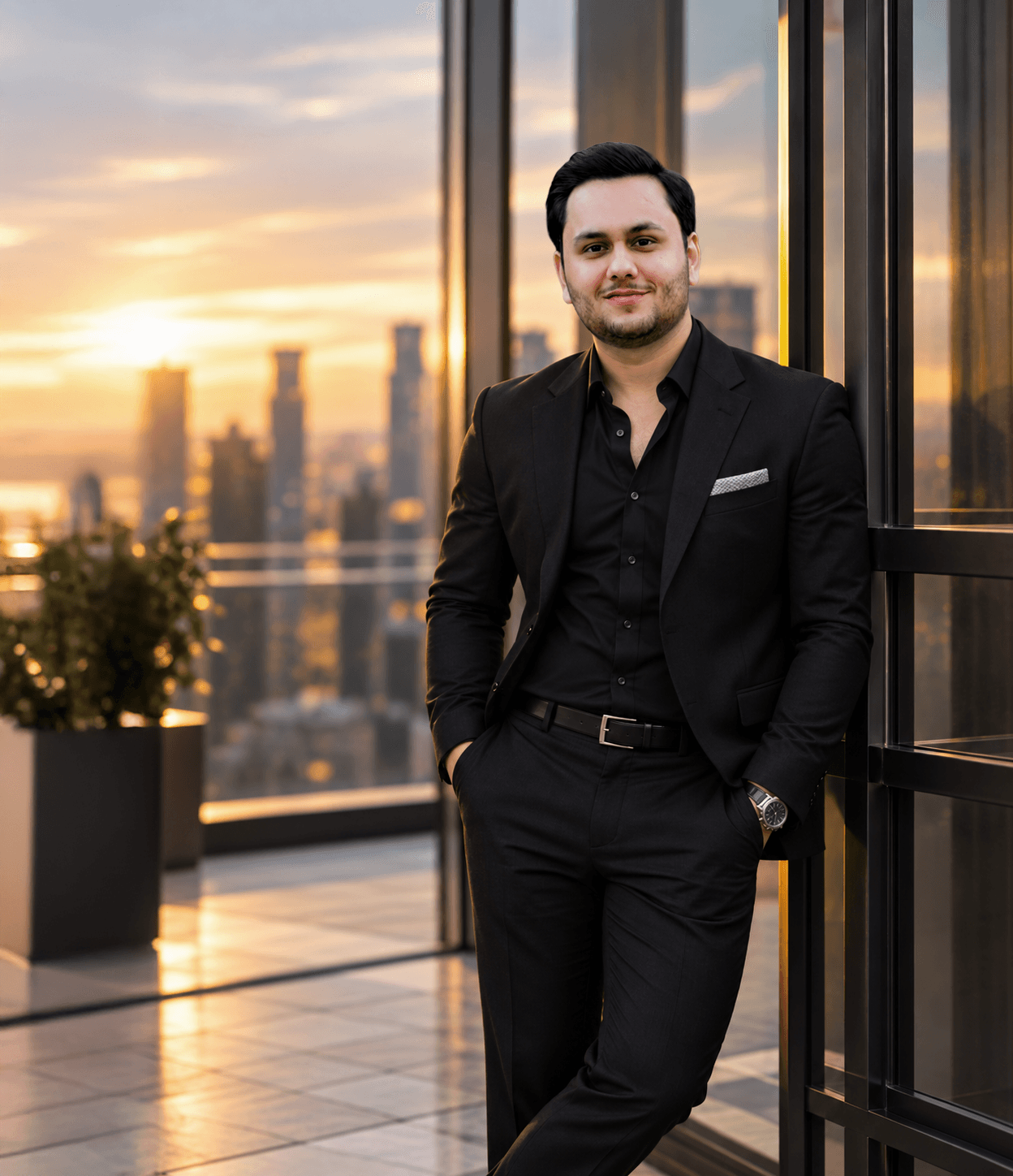 Arham Irfan in a black suit beside a window at dusk