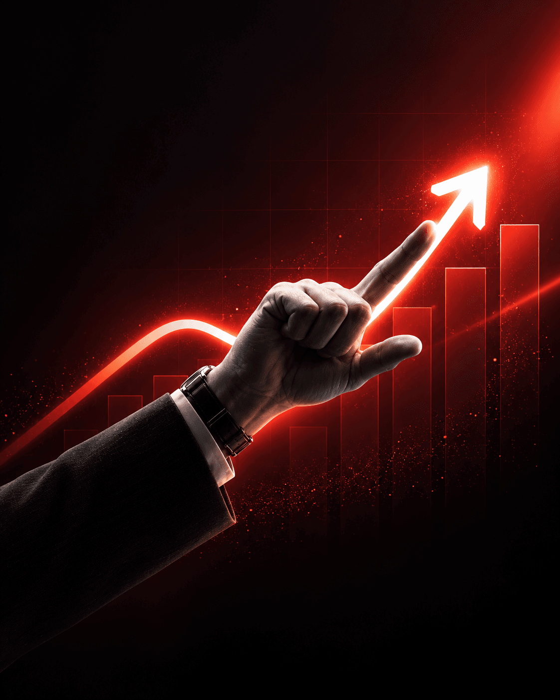 Illustration of a hand guiding a glowing upward growth arrow
